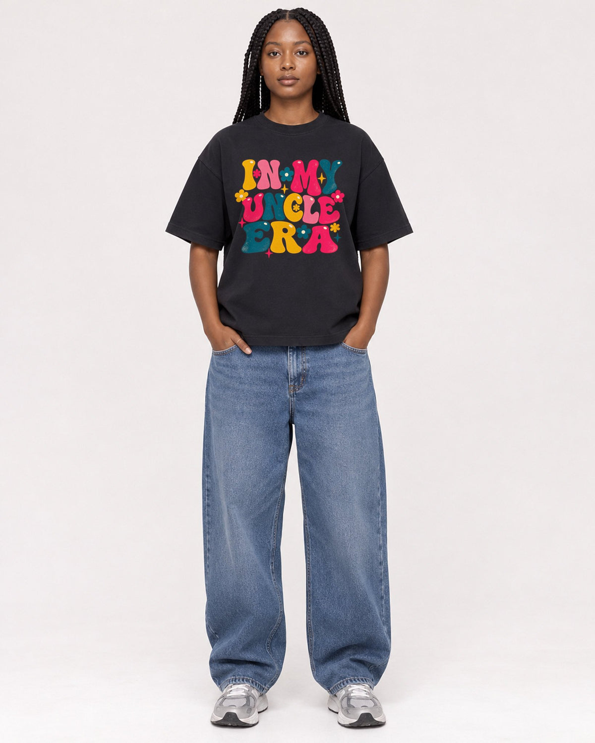 Mockup Boxy Heavyweight Tee Black female full-body 04