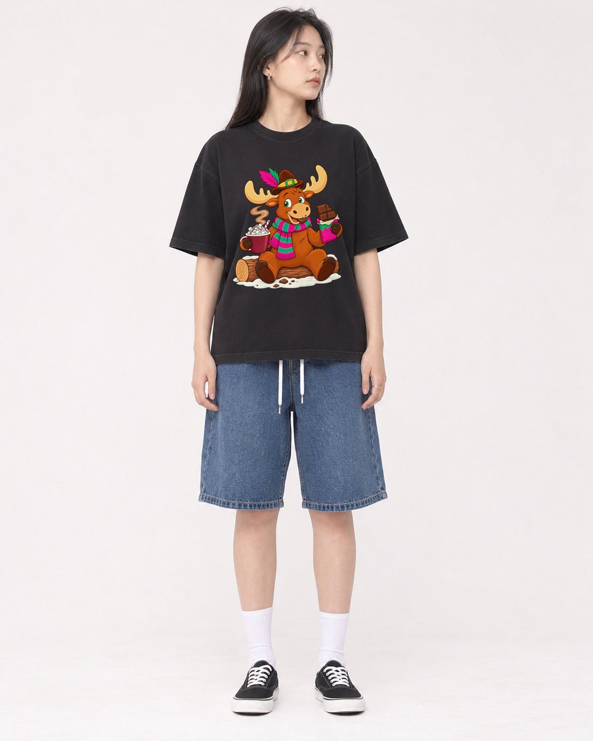 Mockup Boxy Heavyweight Tee Black female full-body 01