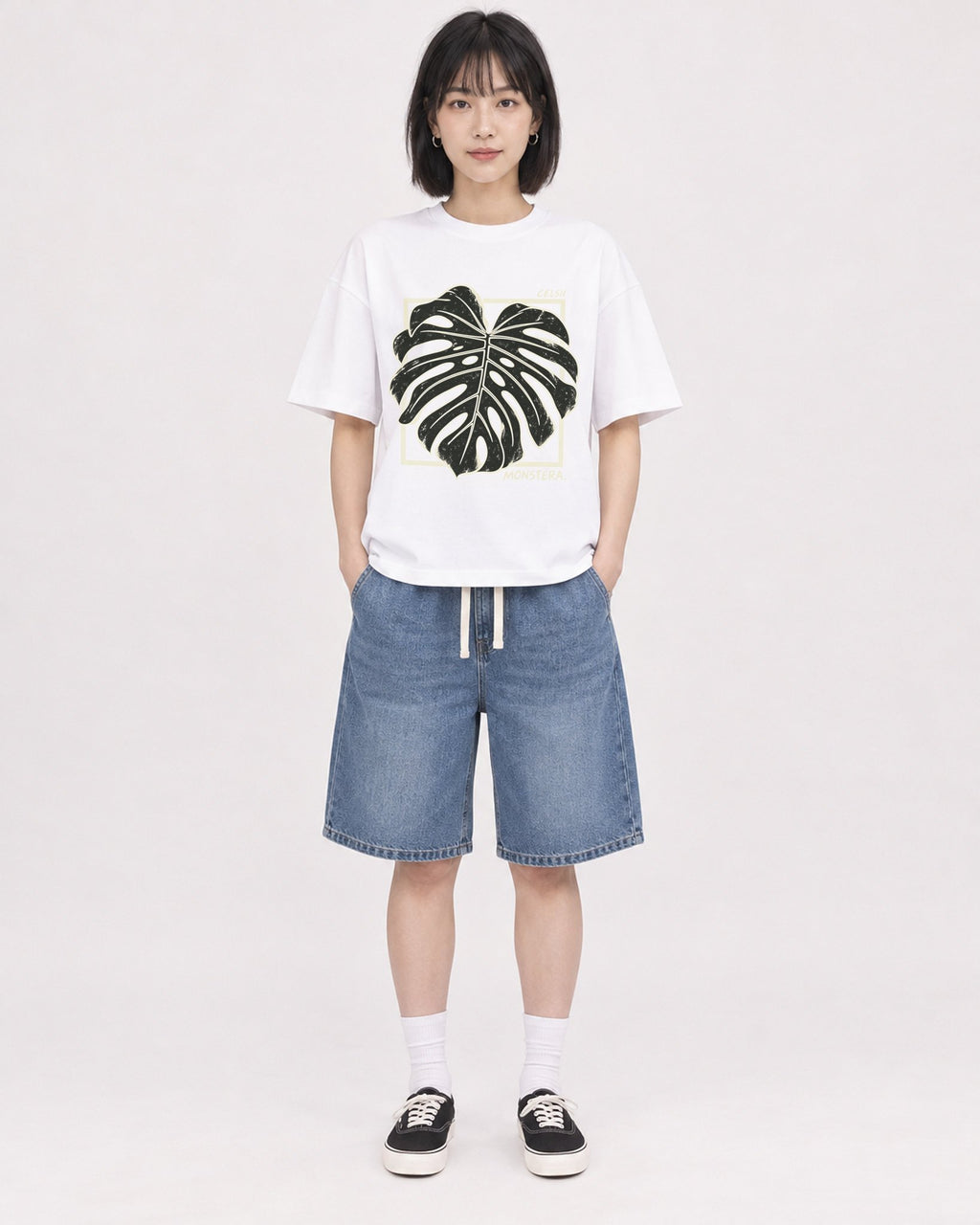 Mockup Boxy Heavyweight Tee White female full-body 11