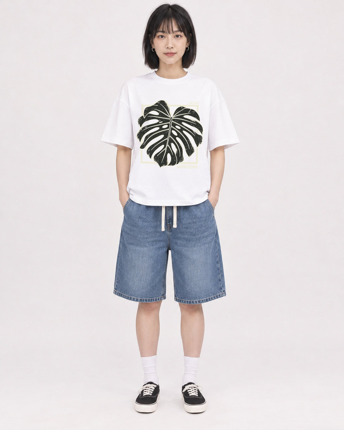 Mockup Boxy Heavyweight Tee White female full-body 11