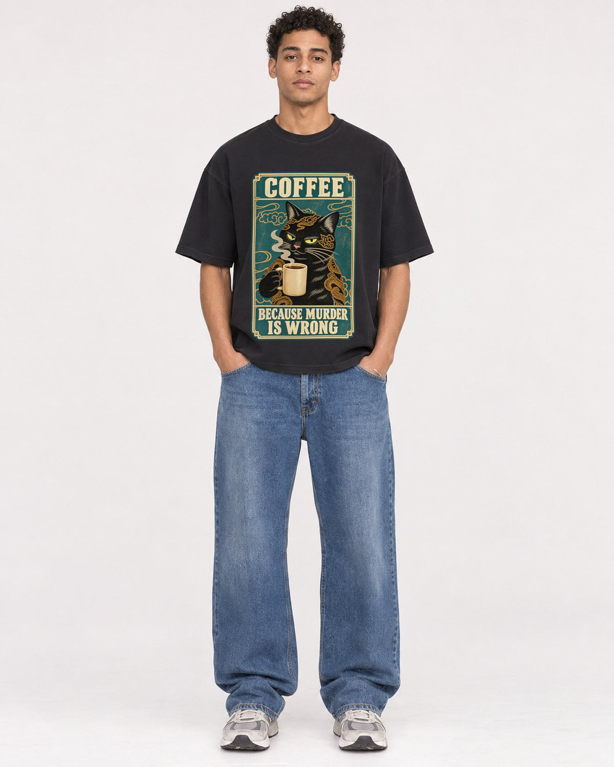 Mockup Boxy Heavyweight Tee Black male full-body 10
