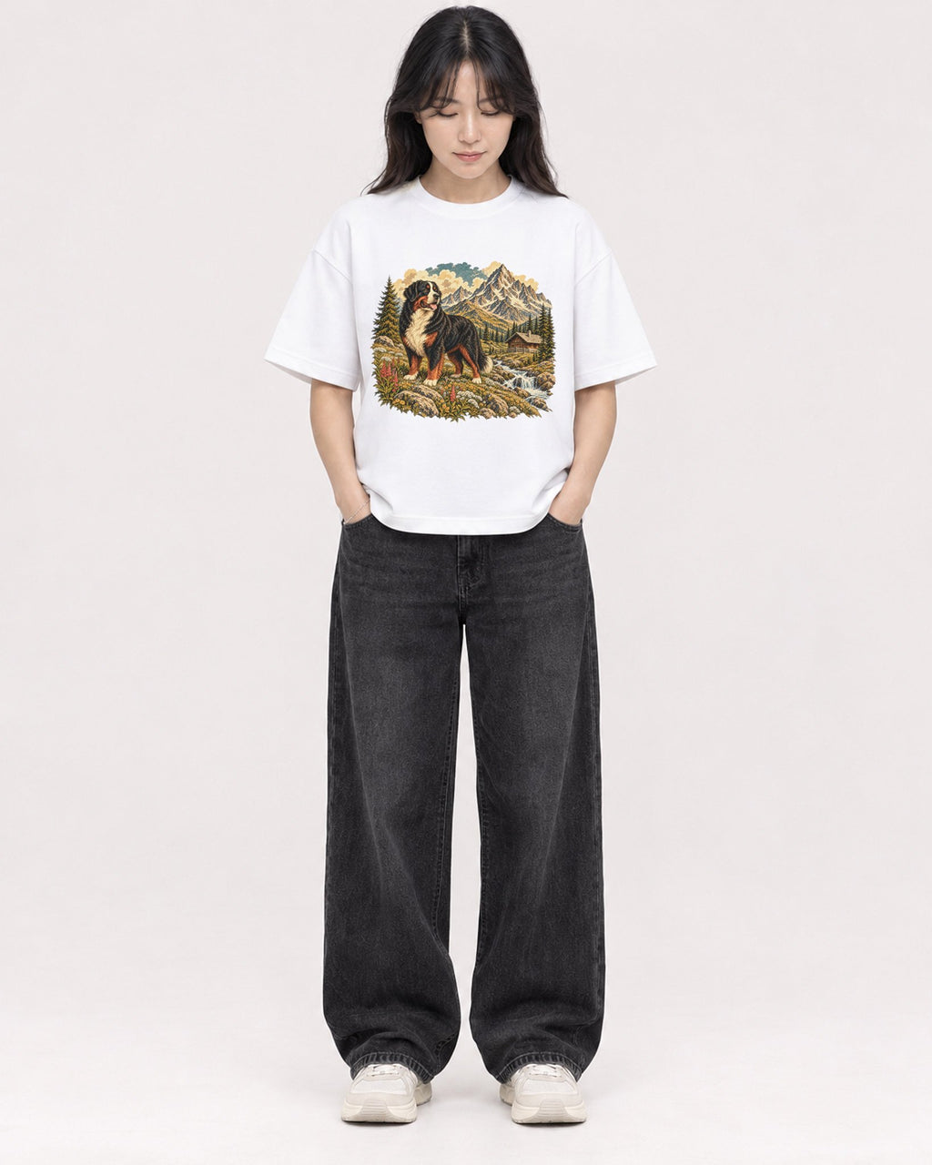 Mockup Boxy Heavyweight Tee White female full-body 13