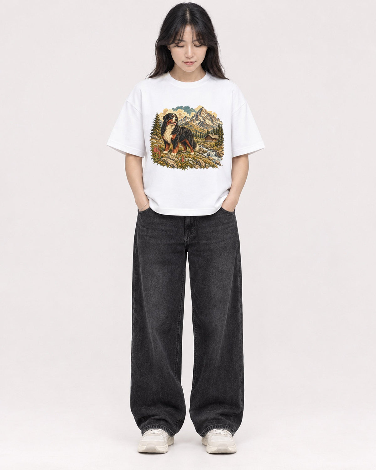Mockup Boxy Heavyweight Tee White female full-body 13
