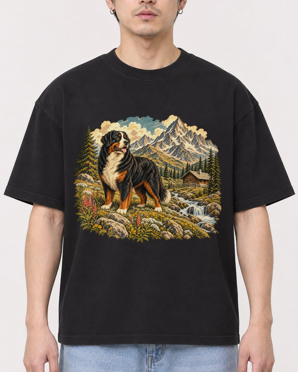 Mockup Boxy Heavyweight Tee Black male close-up 13