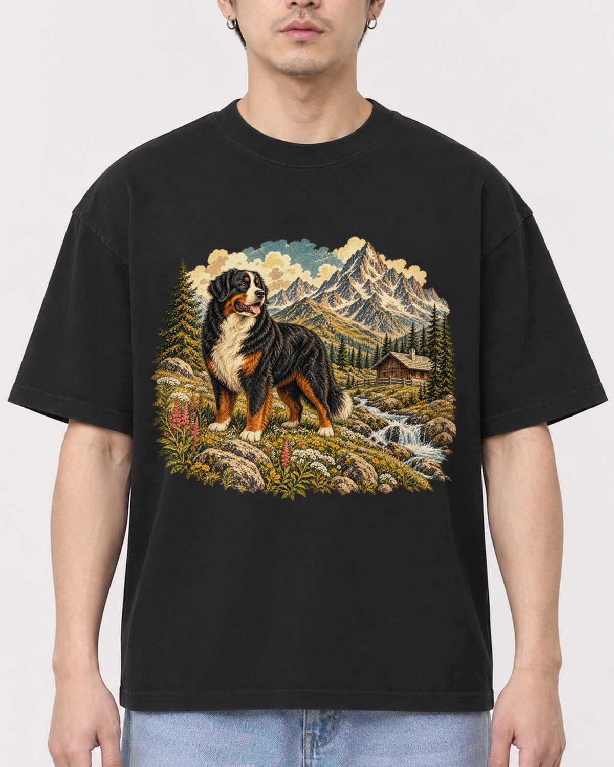 Mockup Boxy Heavyweight Tee Black male close-up 13