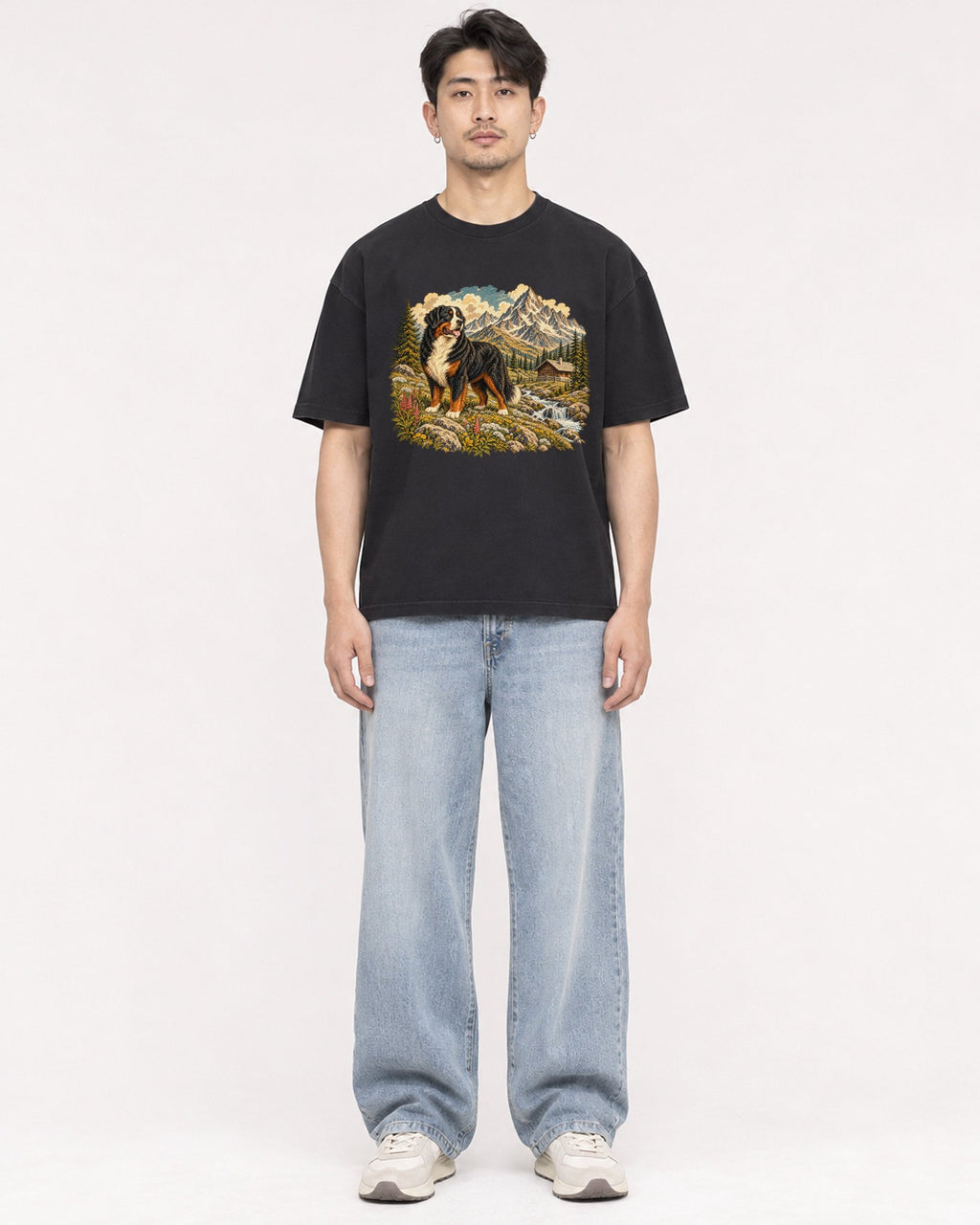 Mockup Boxy Heavyweight Tee Black male full-body 13
