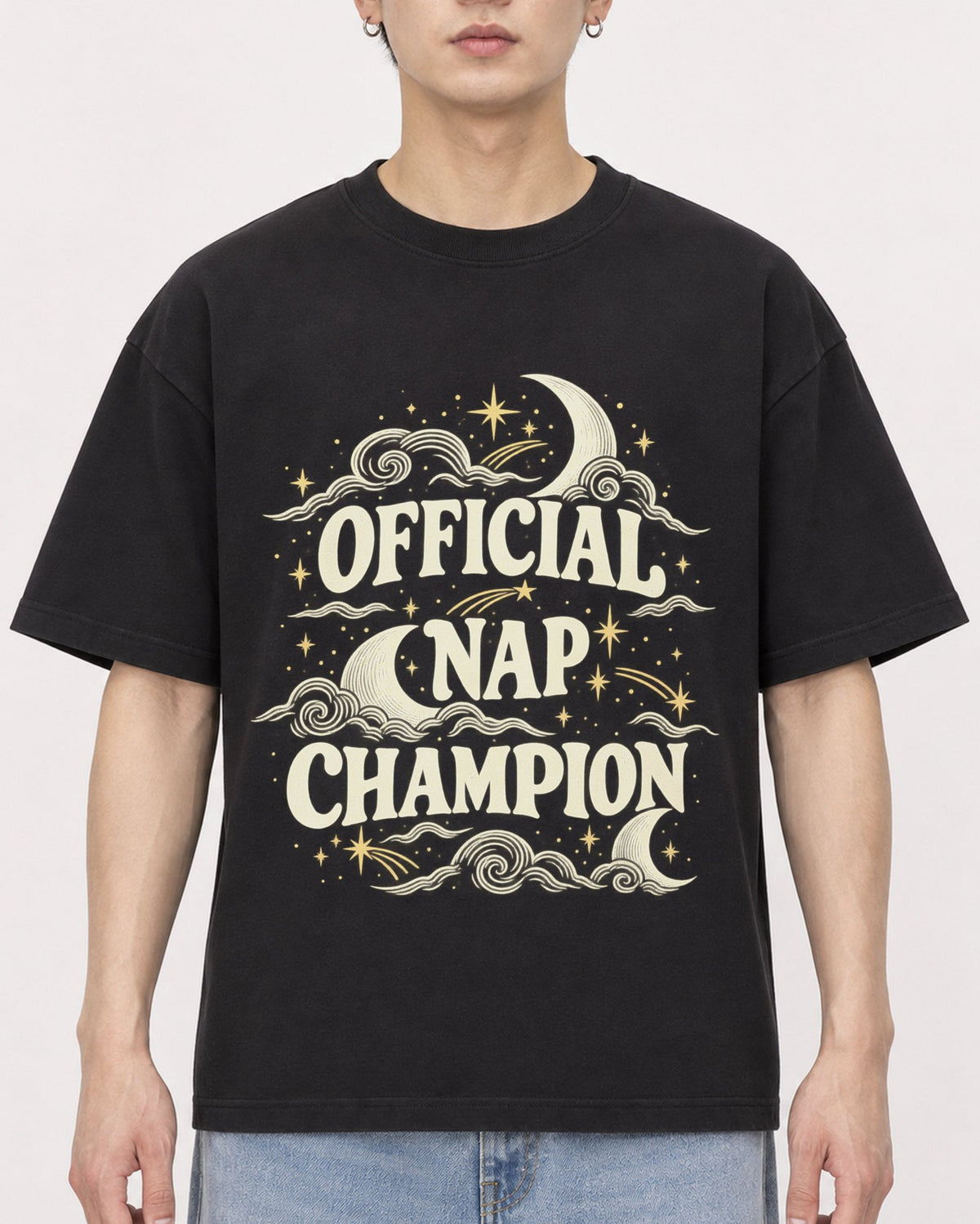Mockup Boxy Heavyweight Tee Black male close-up 01