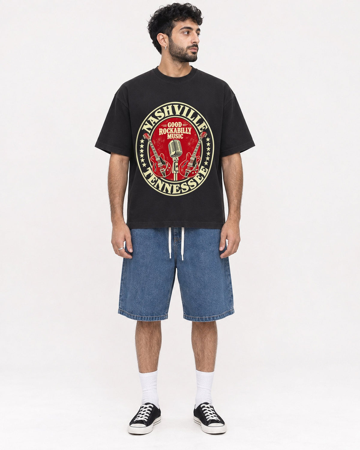 Mockup Boxy Heavyweight Tee Black male full-body 07