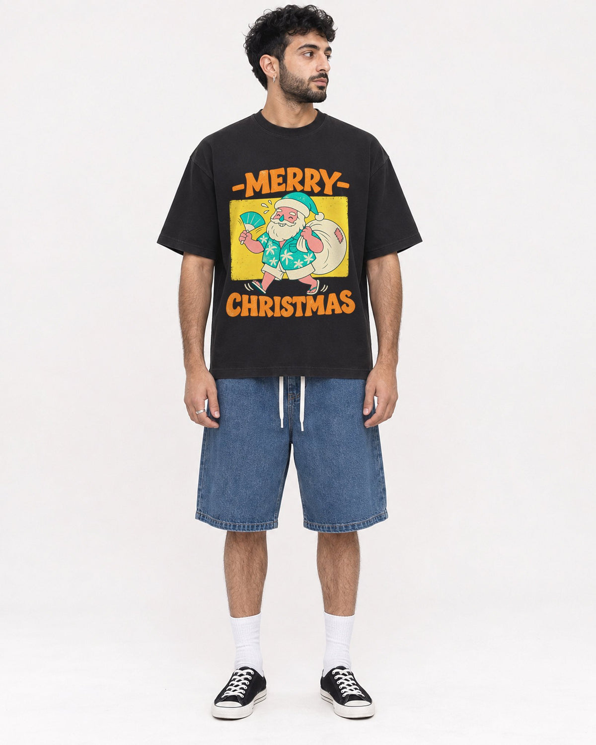 Mockup Boxy Heavyweight Tee Black male full-body 07