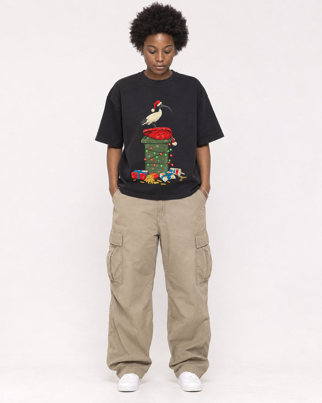 Mockup Boxy Heavyweight Tee Black female full-body 14