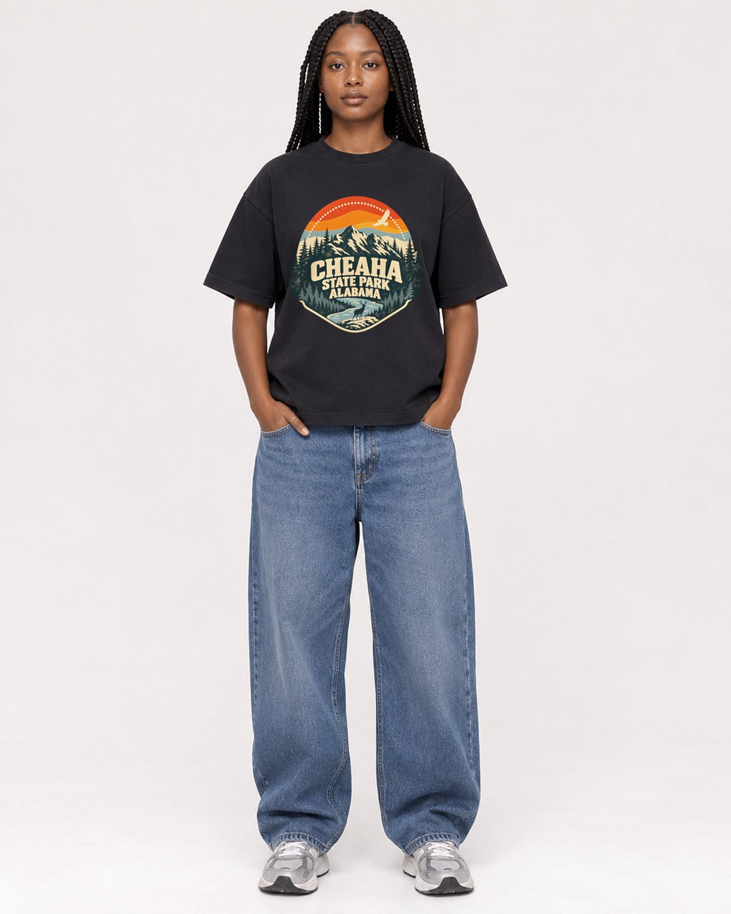 Mockup Boxy Heavyweight Tee Black female full-body 04