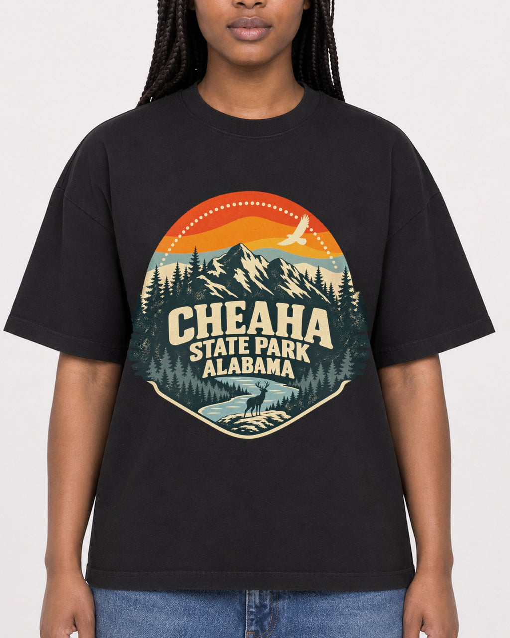 Mockup Boxy Heavyweight Tee Black female close-up 04