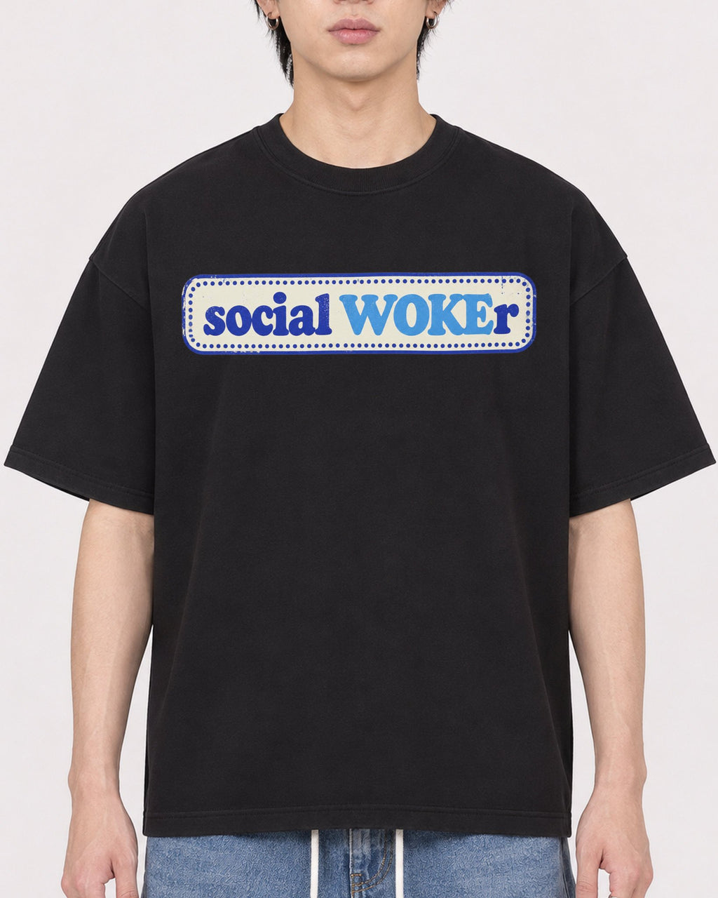 Mockup Boxy Heavyweight Tee Black male close-up 11