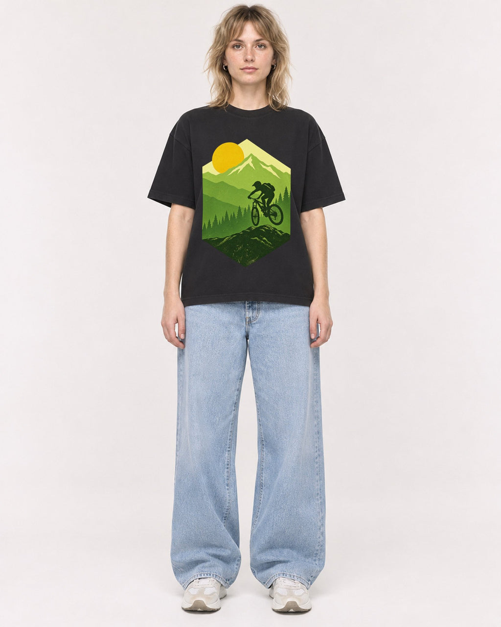Mockup Boxy Heavyweight Tee Black female full-body 19