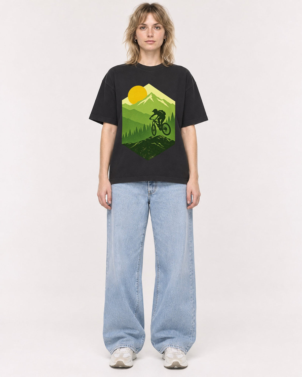Mockup Boxy Heavyweight Tee Black female full-body 19