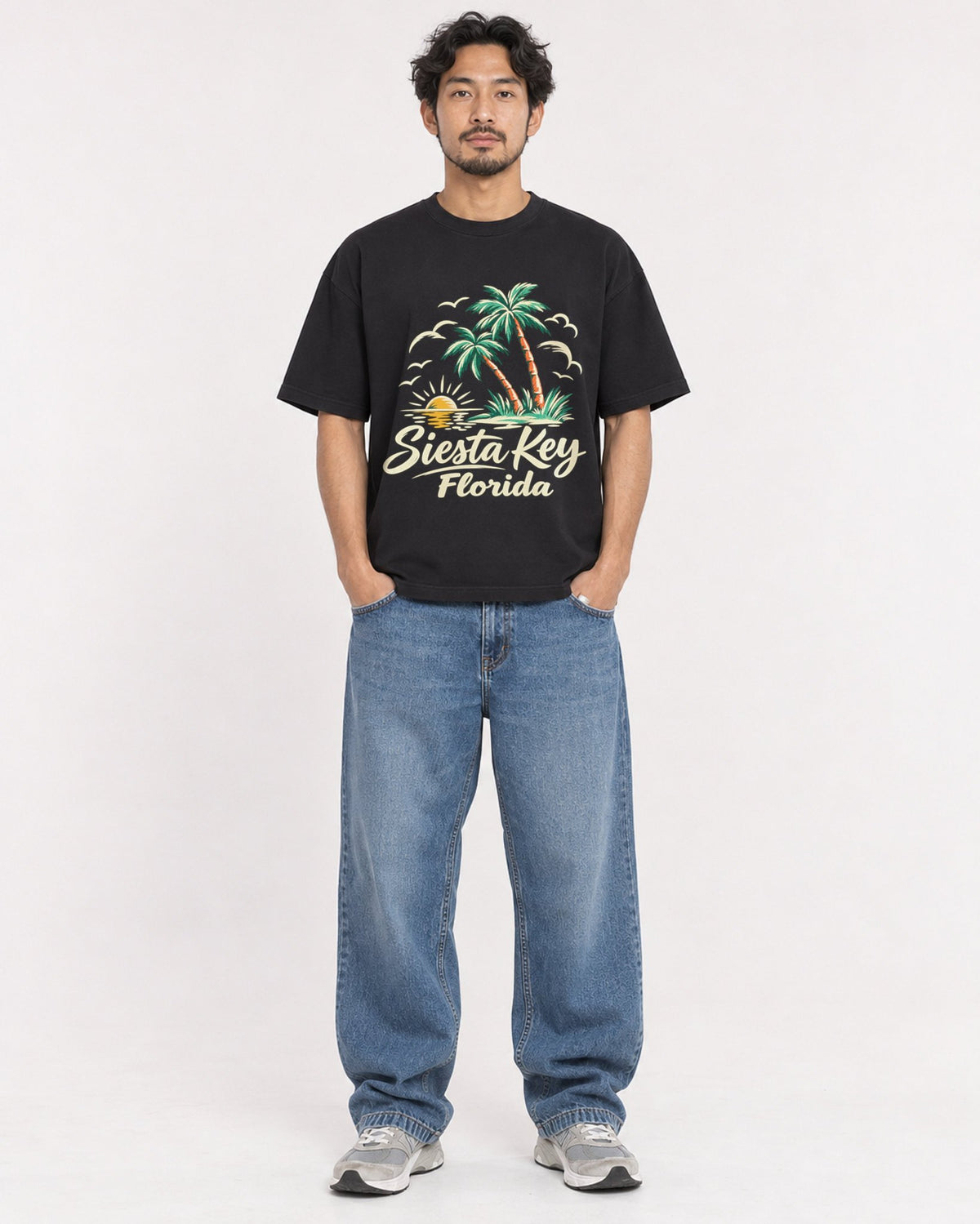 Mockup Boxy Heavyweight Tee Black male full-body 02