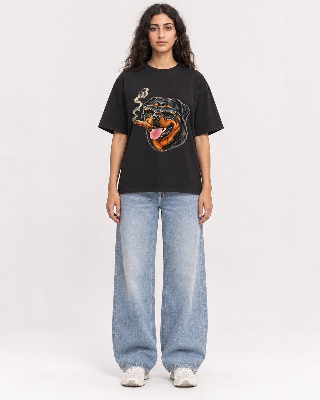 Mockup Boxy Heavyweight Tee Black female full-body 07