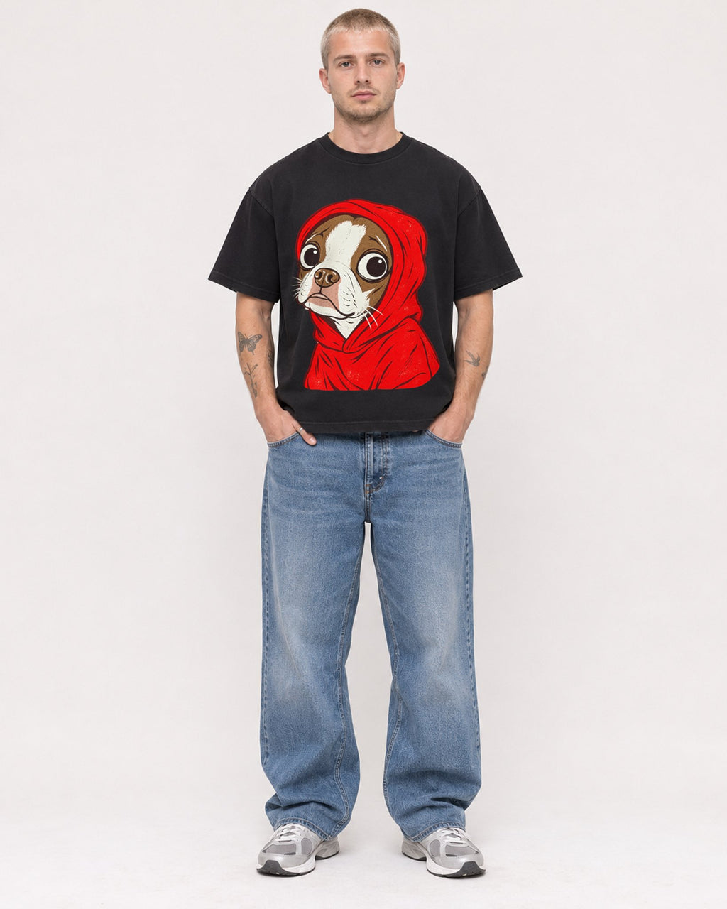 Mockup Boxy Heavyweight Tee Black male full-body 18