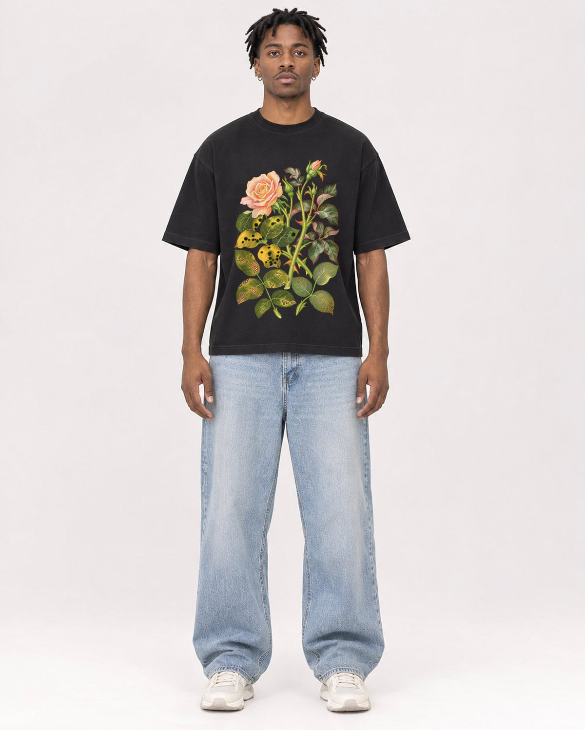 Mockup Boxy Heavyweight Tee Black male full-body 05