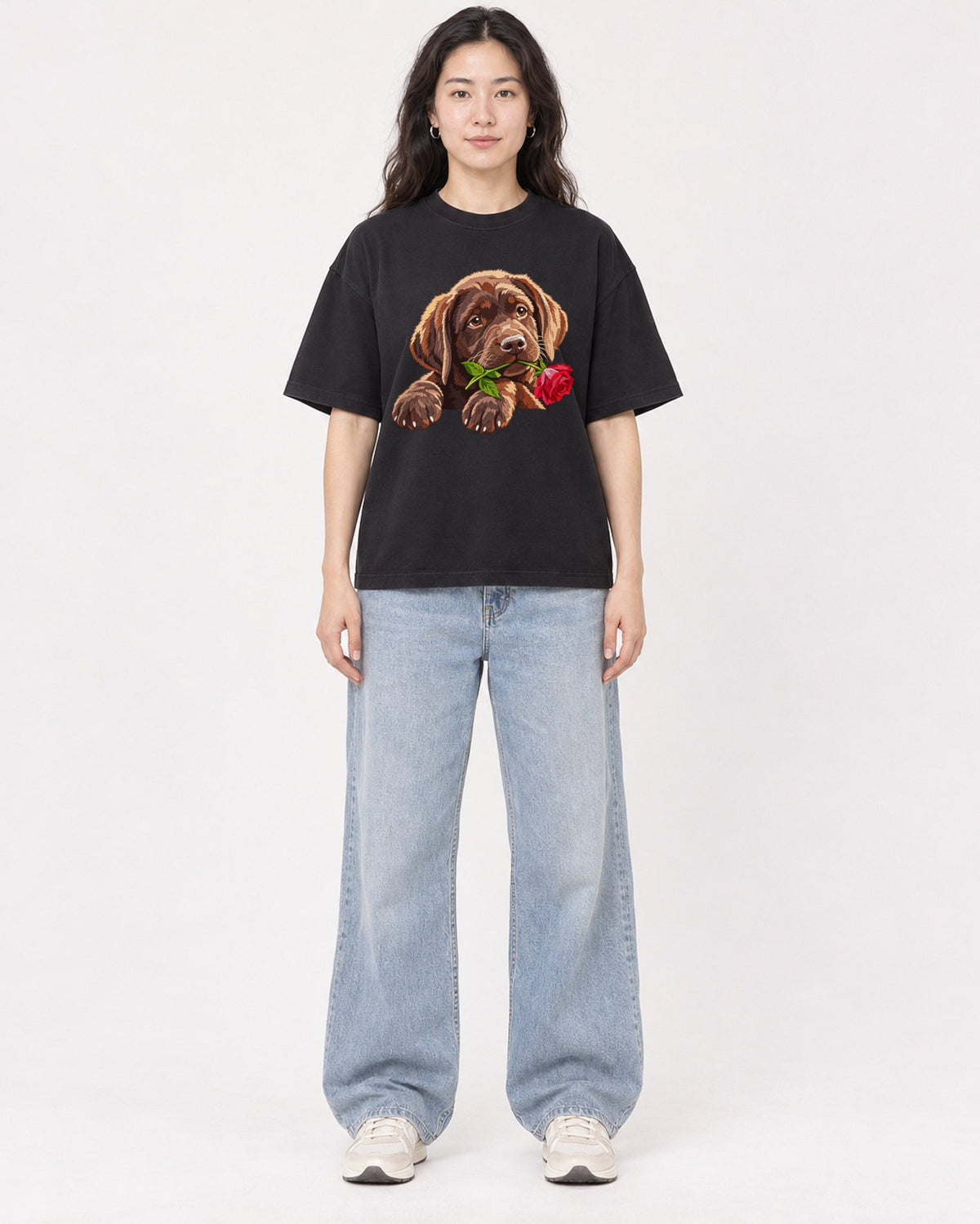 Mockup Boxy Heavyweight Tee Black female full-body 03