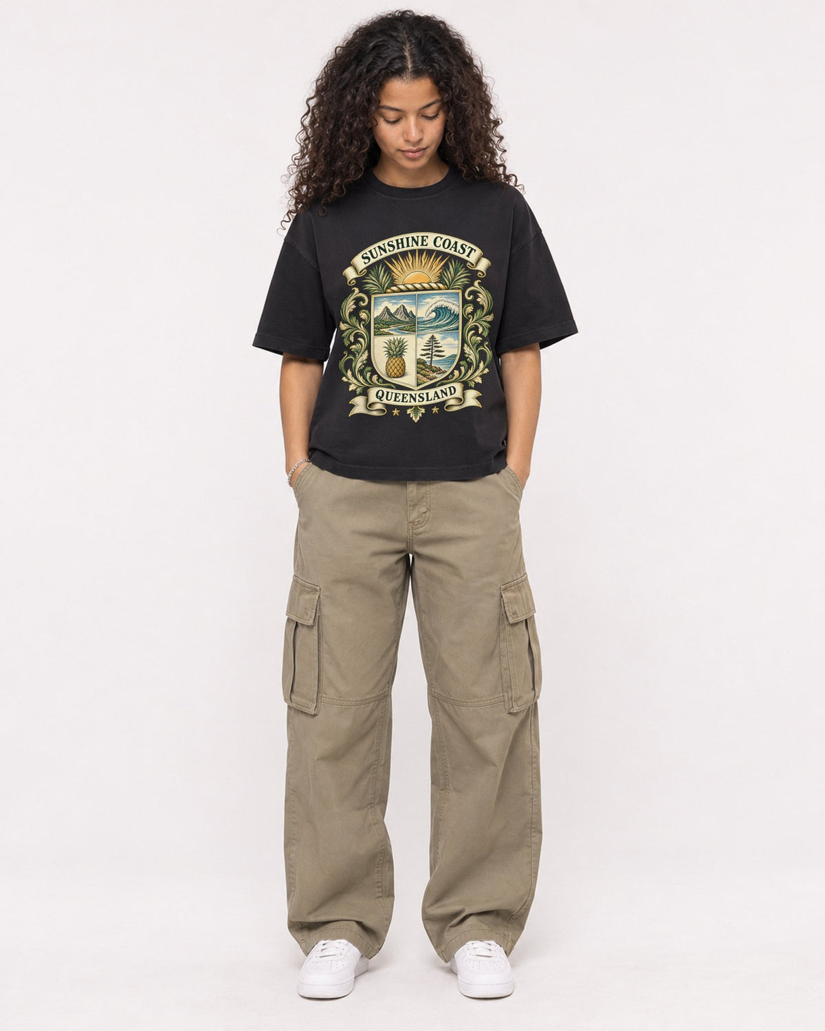 Mockup Boxy Heavyweight Tee Black female full-body 10