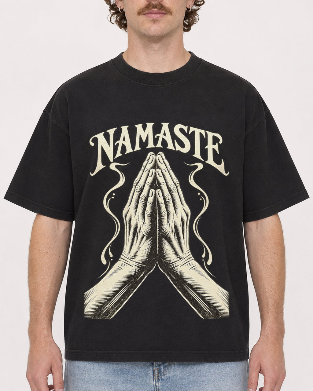 Mockup Boxy Heavyweight Tee Black male close-up 09