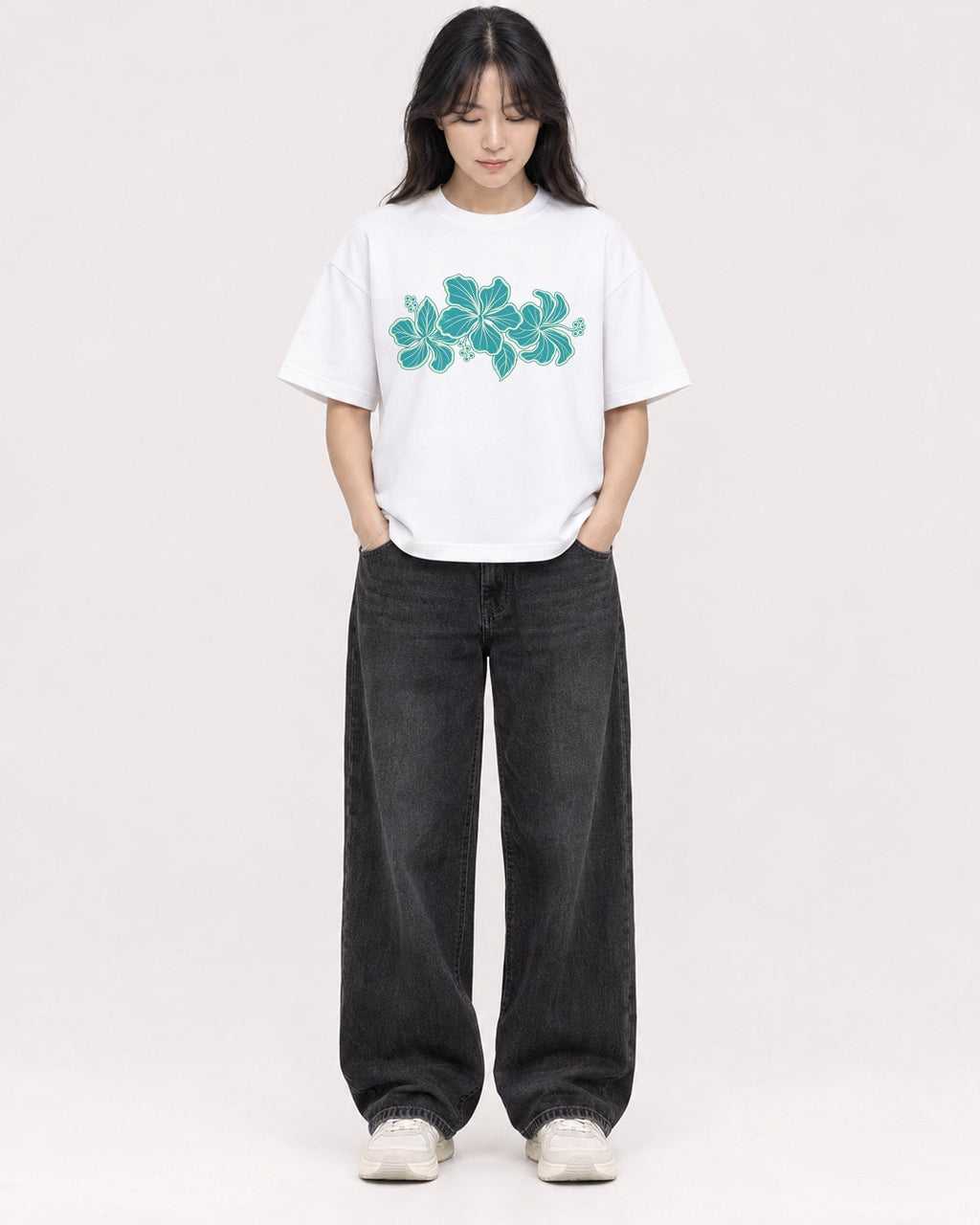 Mockup Boxy Heavyweight Tee White female full-body 13