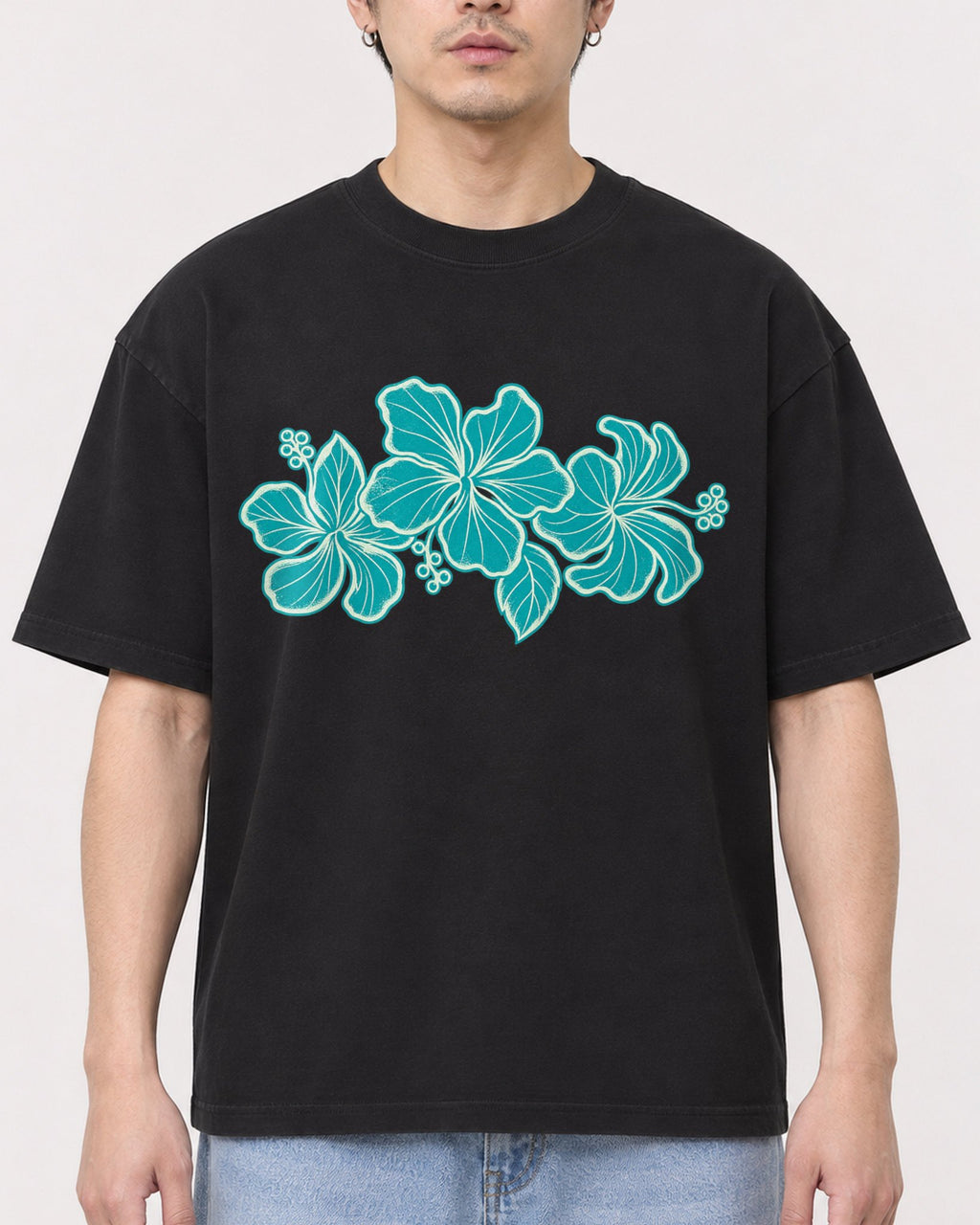 Mockup Boxy Heavyweight Tee Black male close-up 13
