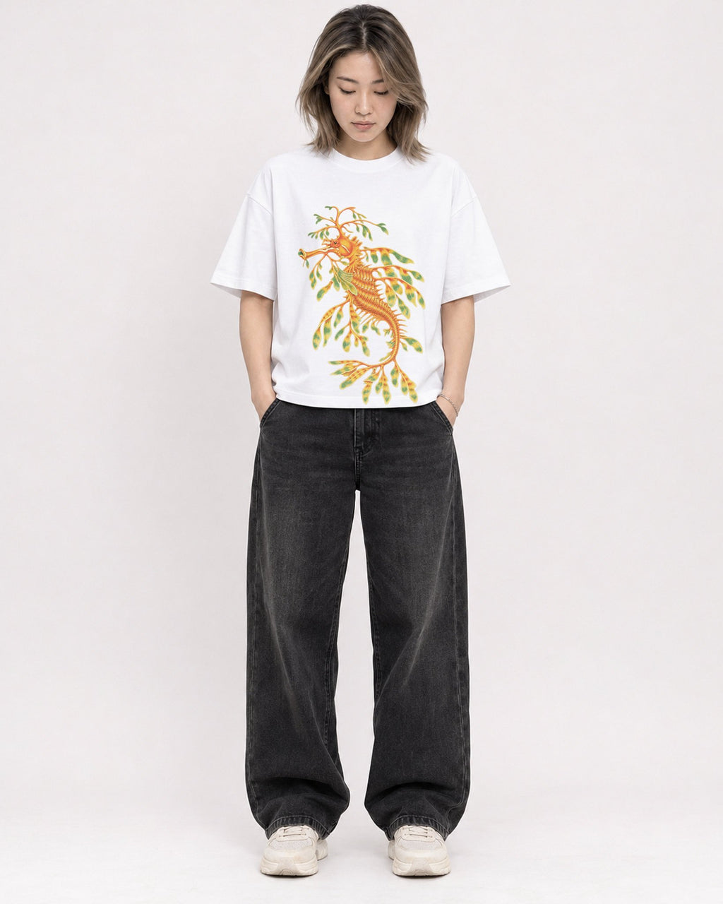 Mockup Boxy Heavyweight Tee White female full-body 33