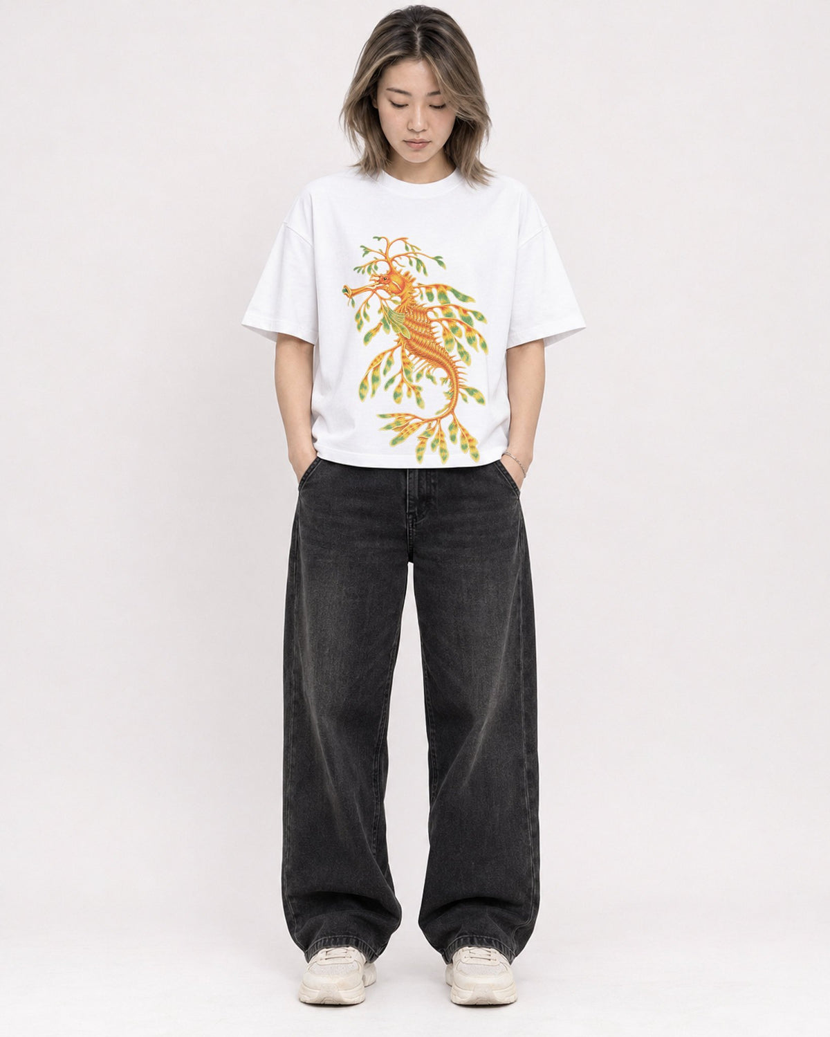Mockup Boxy Heavyweight Tee White female full-body 33
