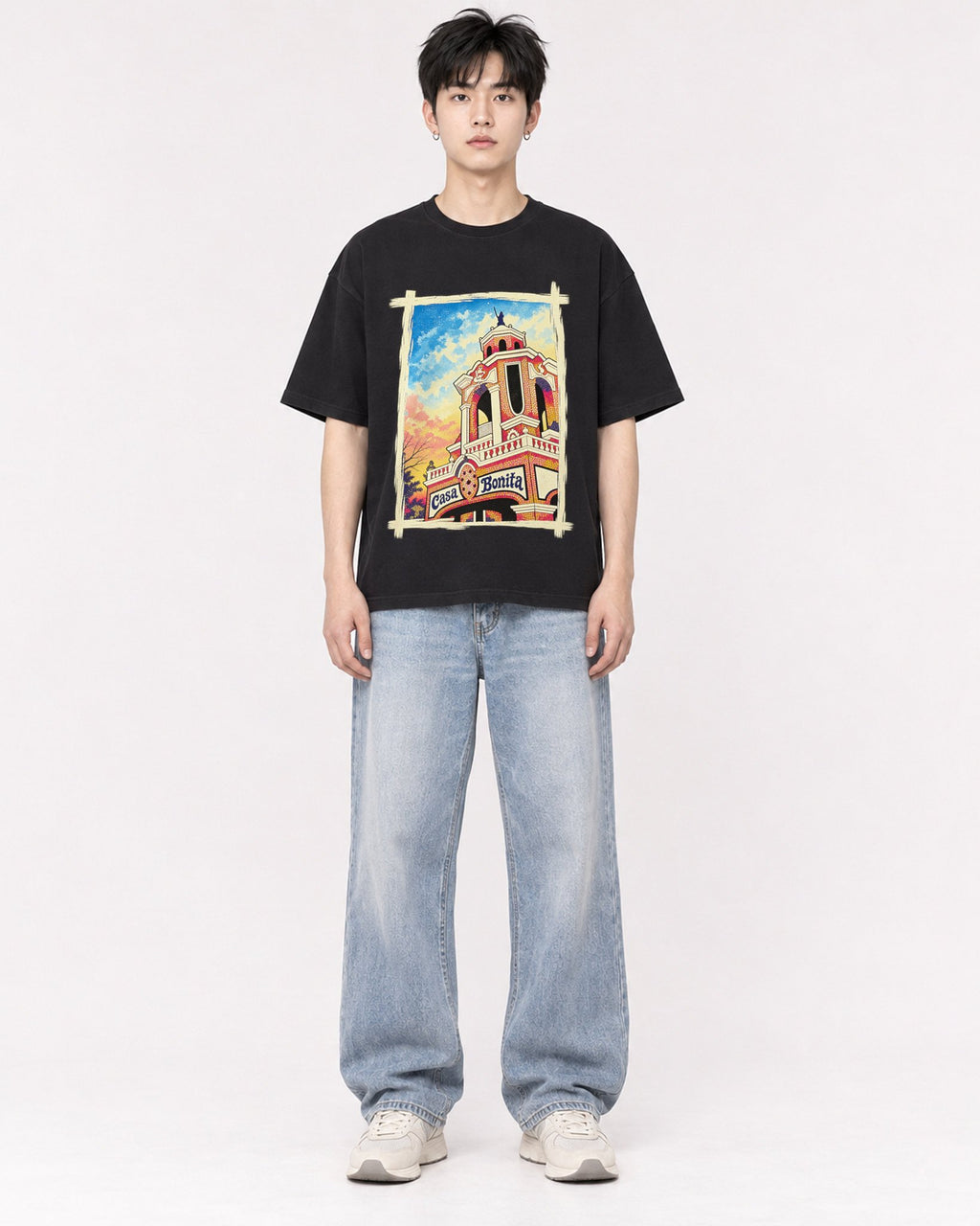 Mockup Boxy Heavyweight Tee Black male full-body 01