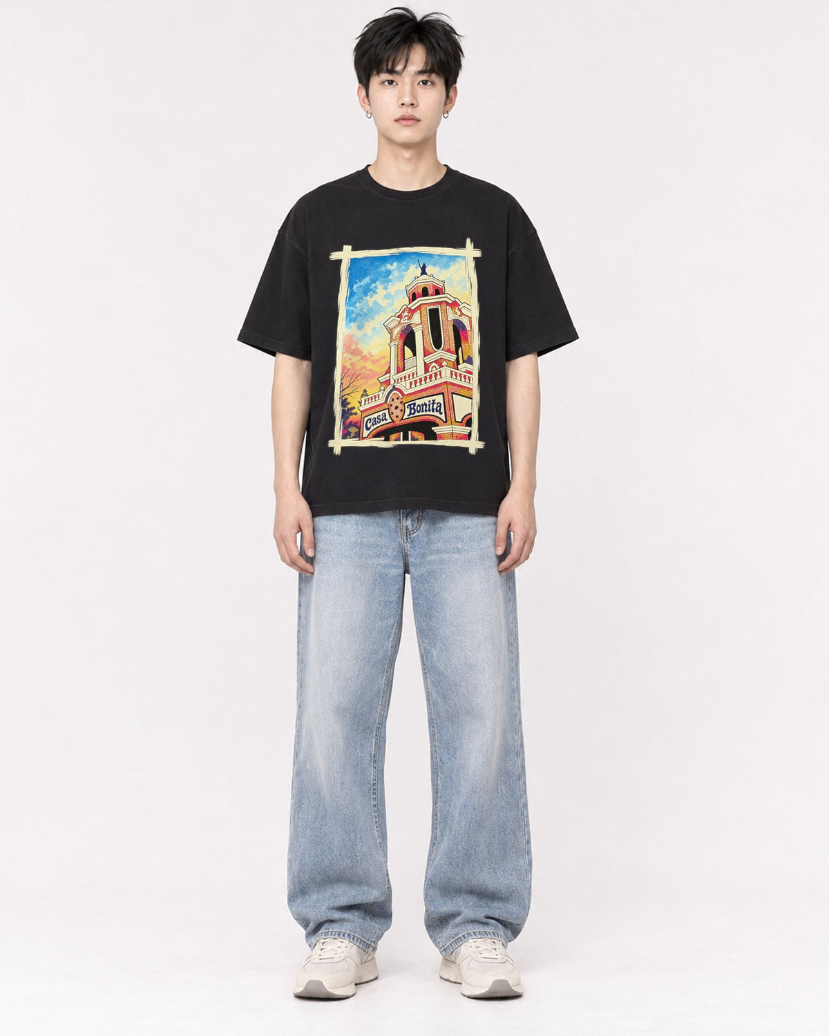 Mockup Boxy Heavyweight Tee Black male full-body 01
