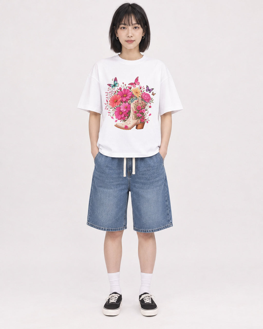 Mockup Boxy Heavyweight Tee White female full-body 11