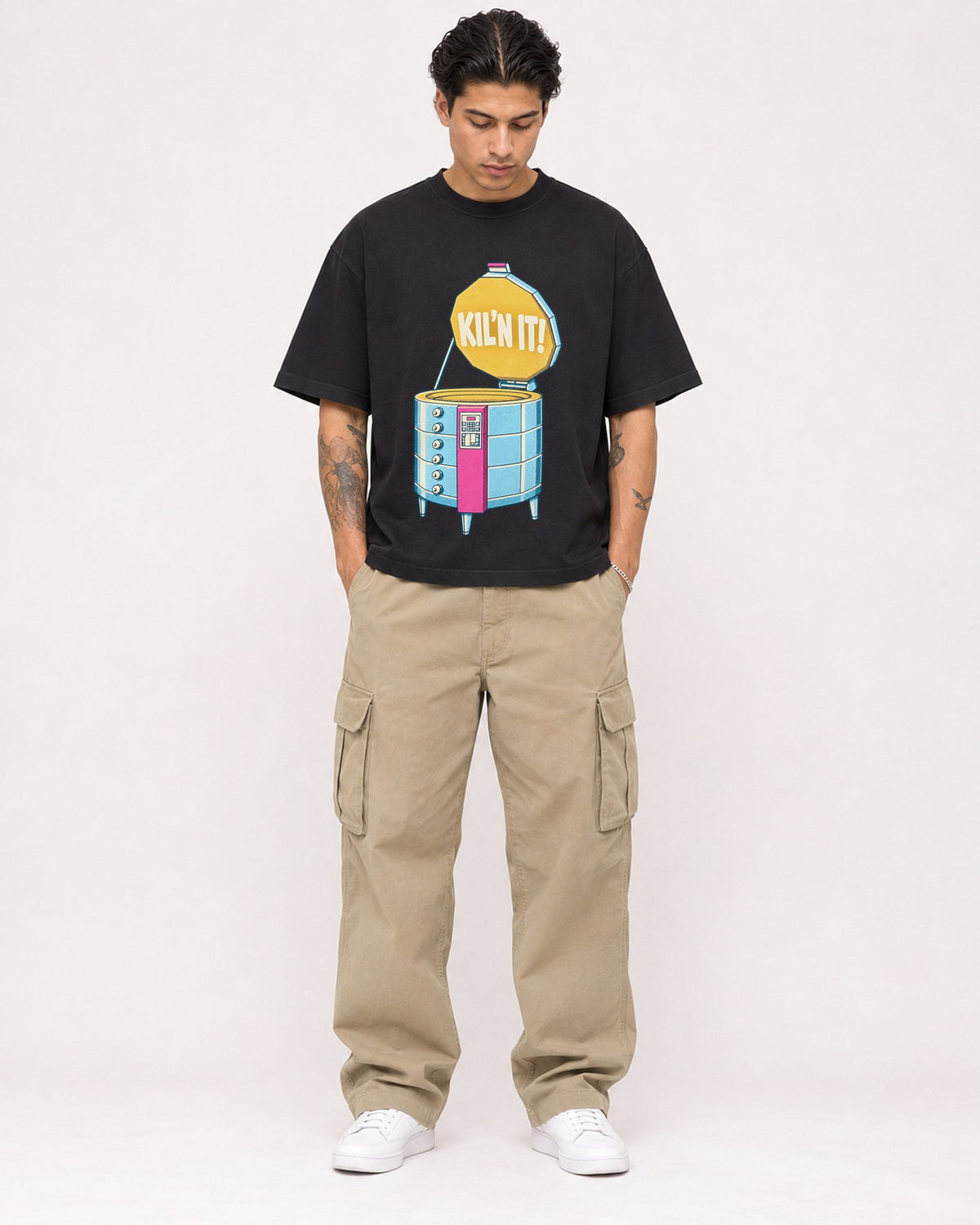 Mockup Boxy Heavyweight Tee Black male full-body 36