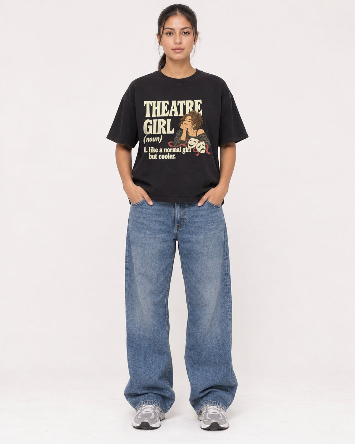 Mockup Boxy Heavyweight Tee Black female full-body 16