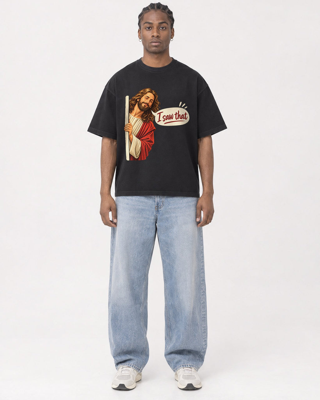 Mockup Boxy Heavyweight Tee Black male full-body 25