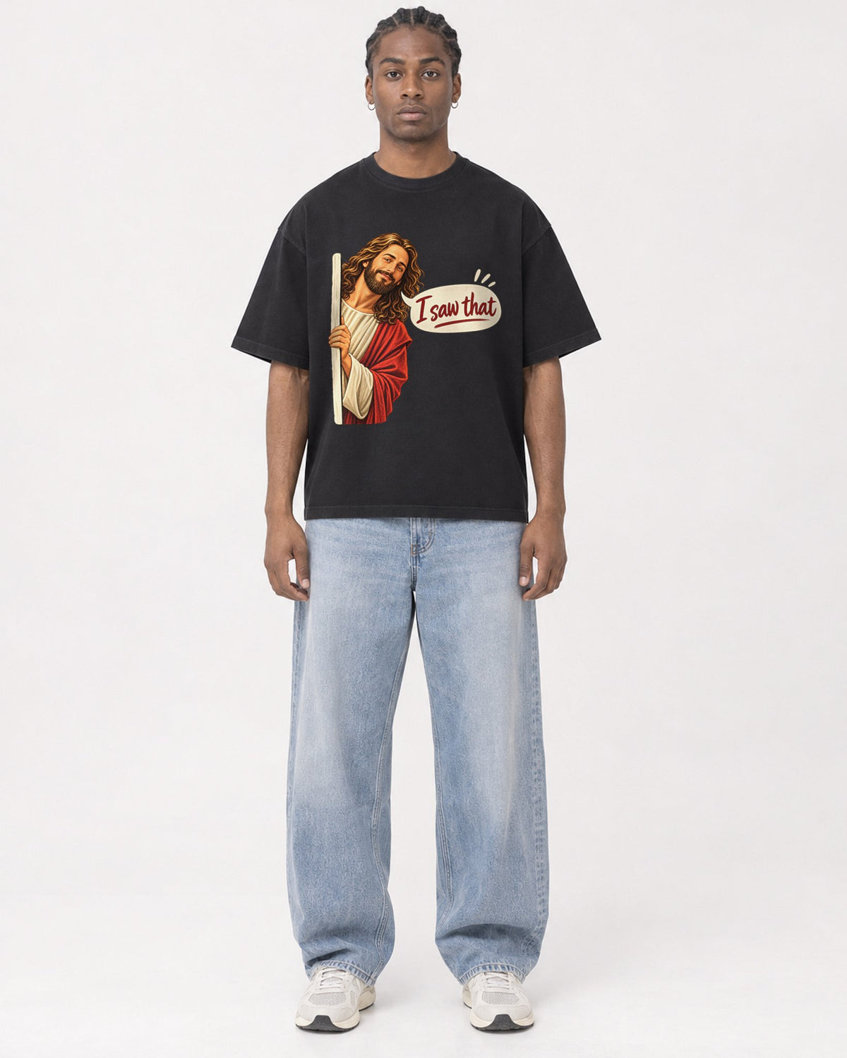 Mockup Boxy Heavyweight Tee Black male full-body 25