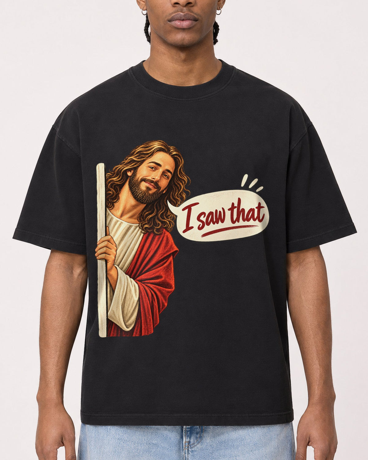 Mockup Boxy Heavyweight Tee Black male close-up 25