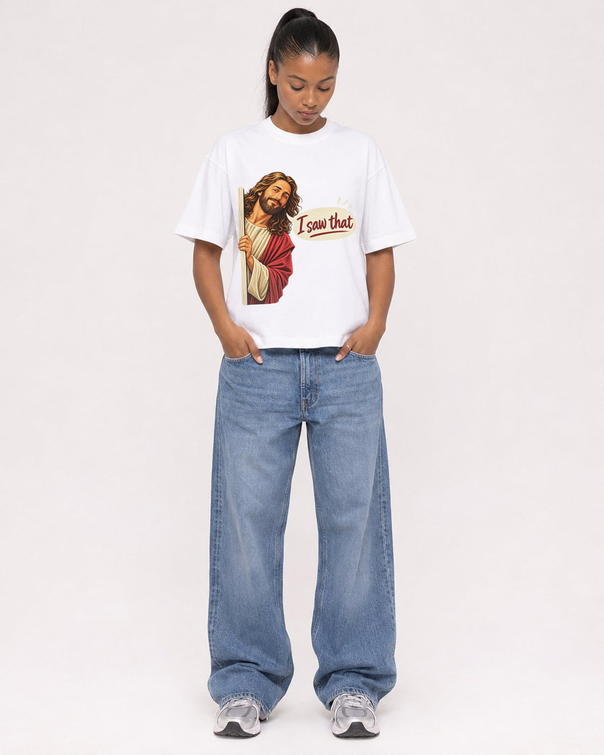 Mockup Boxy Heavyweight Tee White female full-body 25