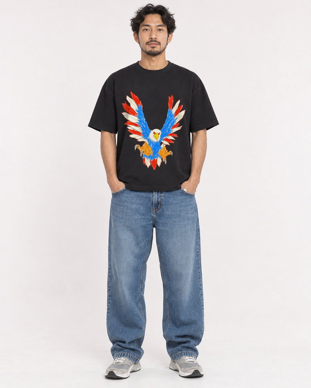 Mockup Boxy Heavyweight Tee Black male full-body 02