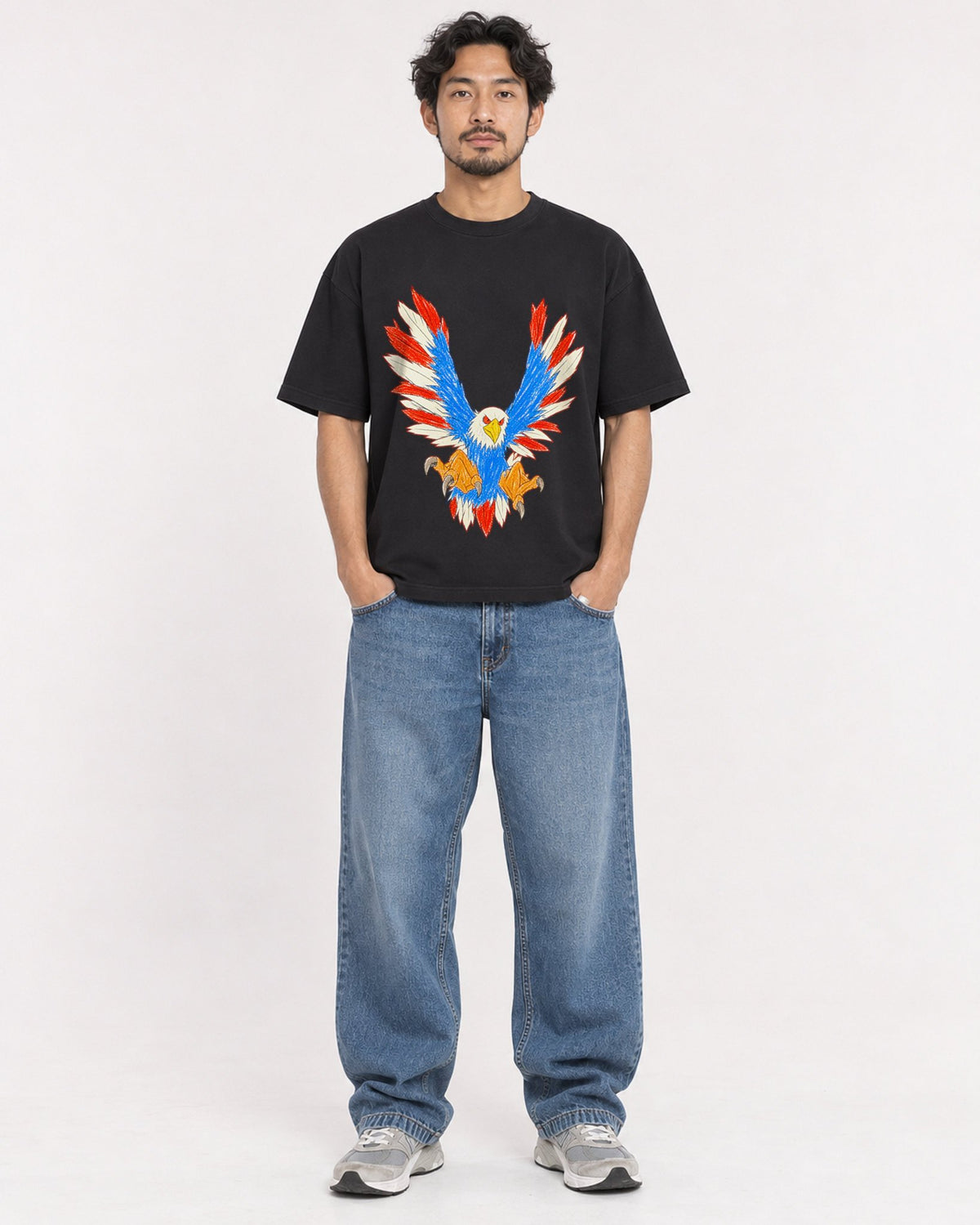 Mockup Boxy Heavyweight Tee Black male full-body 02