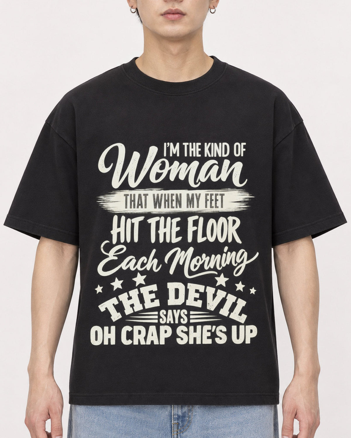 Mockup Boxy Heavyweight Tee Black male close-up 01