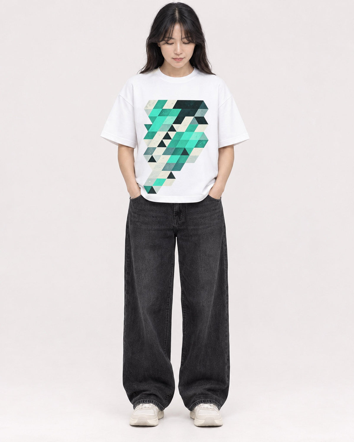 Mockup Boxy Heavyweight Tee White female full-body 13