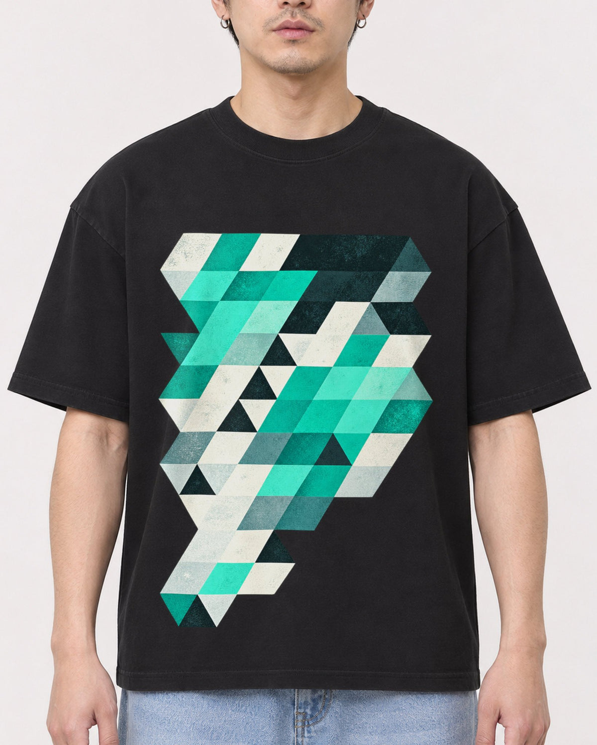 Mockup Boxy Heavyweight Tee Black male close-up 13