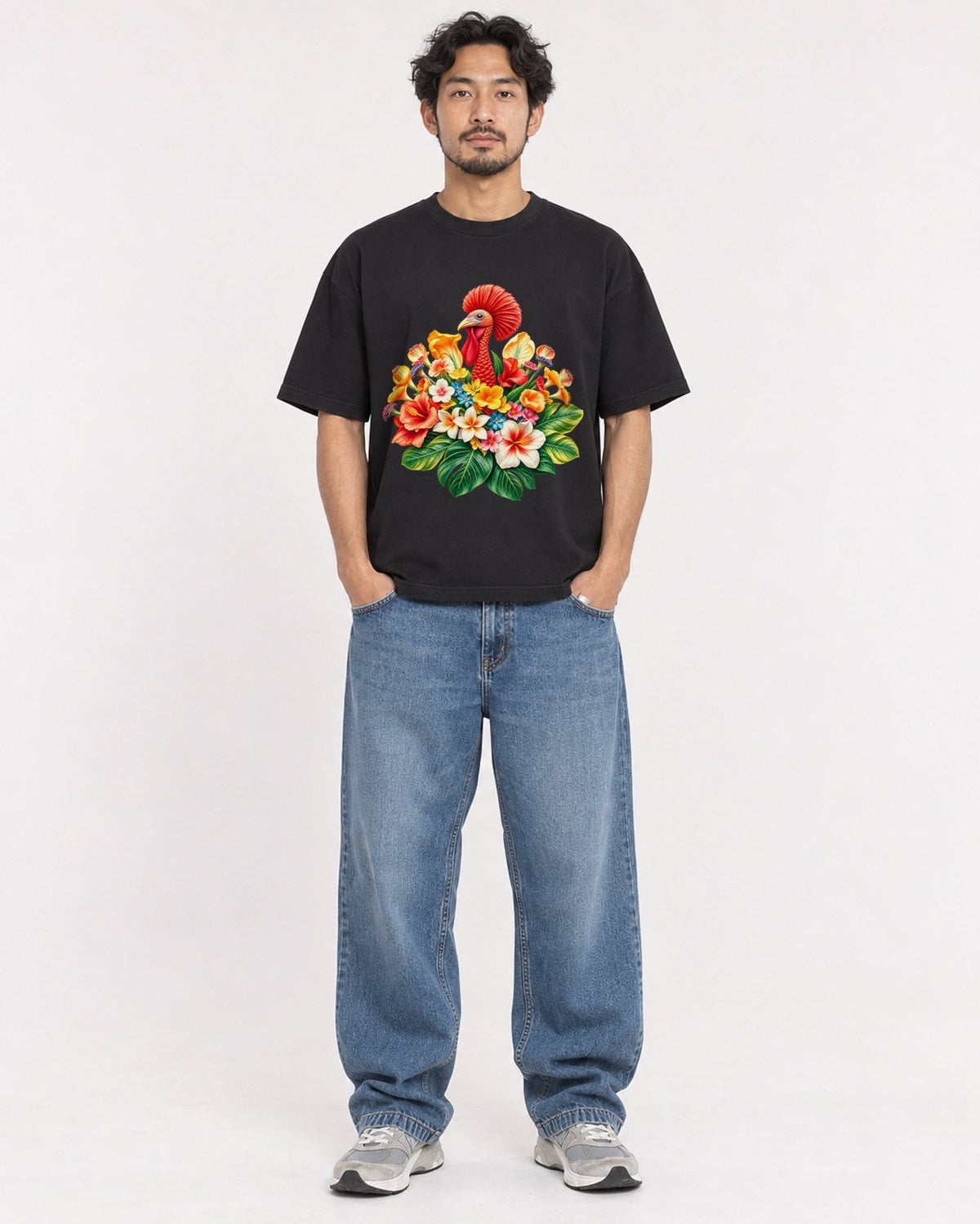 Mockup Boxy Heavyweight Tee Black male full-body 02