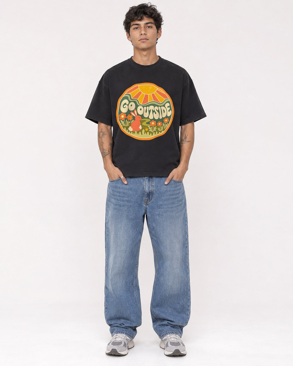 Mockup Boxy Heavyweight Tee Black male full-body 06