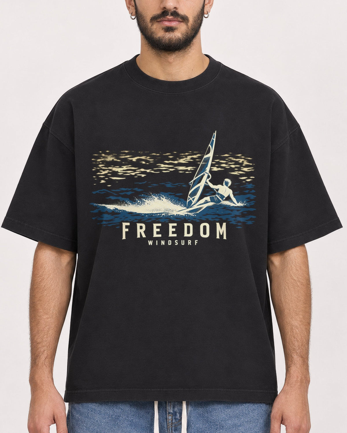 Mockup Boxy Heavyweight Tee Black male close-up 07