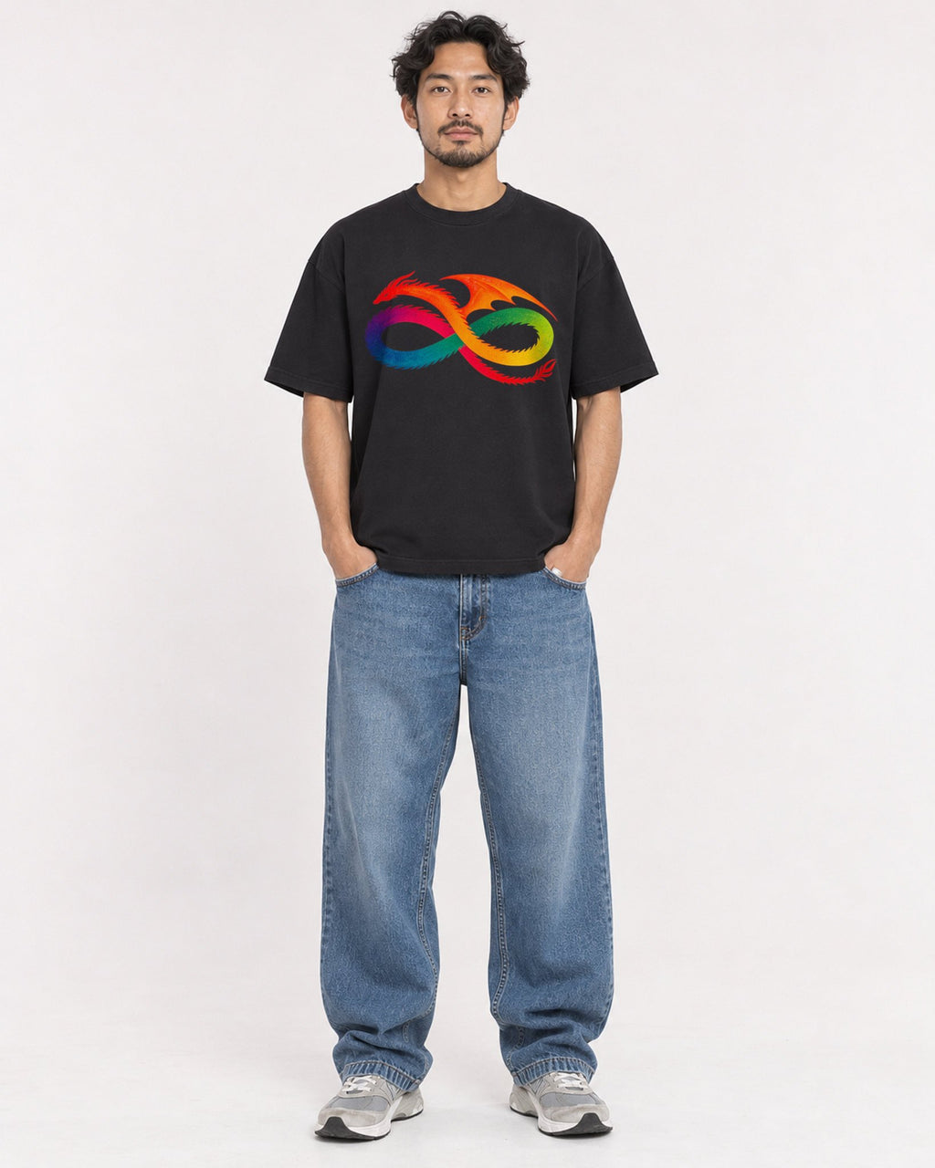 Mockup Boxy Heavyweight Tee Black male full-body 02