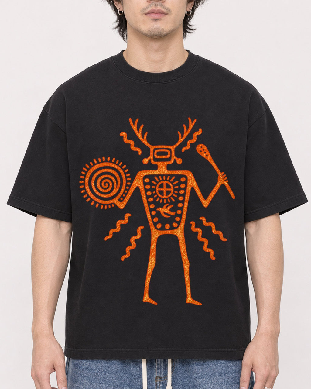 Mockup Boxy Heavyweight Tee Black male close-up 03