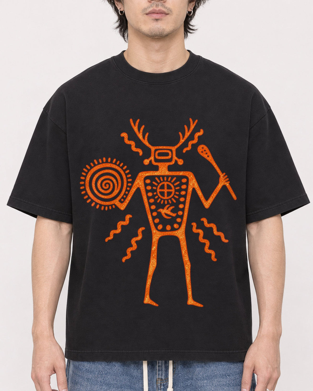 Mockup Boxy Heavyweight Tee Black male close-up 03